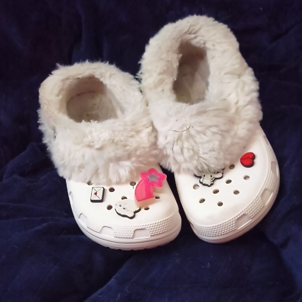 CROCS White Fuzzy Lined Clogs with Pink and Red Accents